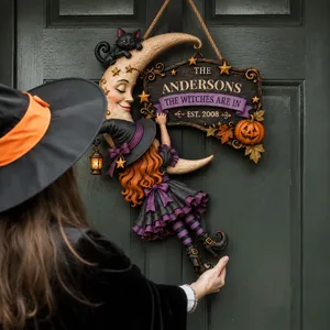 Personalized Halloween Door Sign Custom Family Name & Est Year, Witch Moon Hanging Decor, Black Cat Pumpkin Front Door Sign, Spooky Home Gift