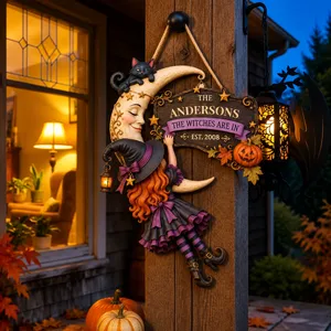 Personalized Halloween Door Sign Custom Family Name & Est Year, Witch Moon Hanging Decor, Black Cat Pumpkin Front Door Sign, Spooky Home Gift