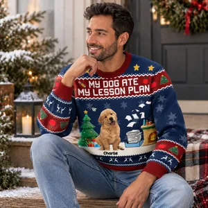Personalized Christmas Ugly Sweatshirt With Dog Photo - Custom Pet Portrait Sweater