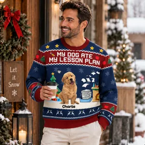 Personalized Christmas Ugly Sweatshirt With Dog Photo - Custom Pet Portrait Sweater