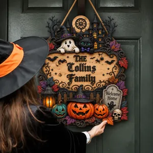Option 2 – Character Story Angle  The Ghost And Cat Welcome Home Personalized Door Sign, Custom Family Name Halloween Manor Decor, Spooky Hanging Decoration