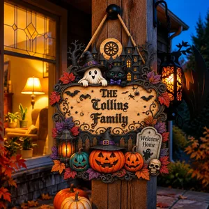 Option 2 – Character Story Angle  The Ghost And Cat Welcome Home Personalized Door Sign, Custom Family Name Halloween Manor Decor, Spooky Hanging Decoration