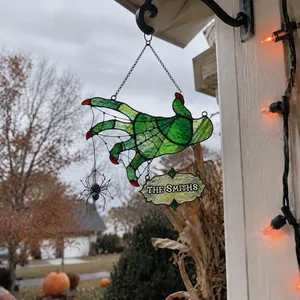 Personalized Witch Hand & Spider Stained Glass Suncatcher, Custom Family Name Spooky Halloween Window Hanging, Gothic Witchy Home Decor Gift