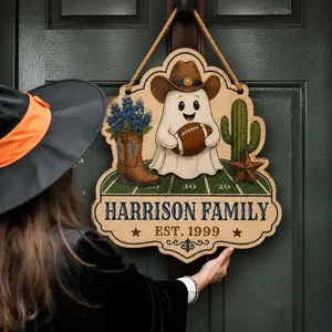 Personalized Halloween Door Sign Custom Family Name & Est Year, Cowboy Ghost Football Decor, Western Pumpkin Hanging Sign, Spooky Front Door Gift