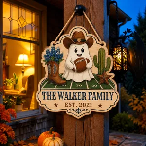Personalized Halloween Door Sign Custom Family Name & Est Year, Cowboy Ghost Football Decor, Western Pumpkin Hanging Sign, Spooky Front Door Gift