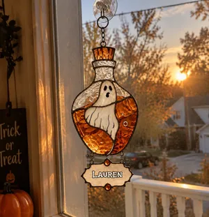 Personalized Spooky Ghost Stained Glass Suncatcher, Custom Name Witchy Halloween Window Hanging, Spooky-Cute Autumn Home Decor Gift