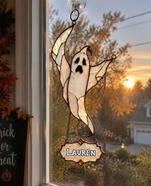 Personalized Spooky Ghost Stained Glass Suncatcher, Custom Name Witchy Halloween Window Hanging, Spooky-Cute Autumn Home Decor Gift