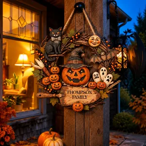 Custom Family Name Halloween Door Sign, Pumpkin Witch Woodland Decor, Black Cat Ghost Wreath Hanging Sign, Personalized Halloween Home Gift