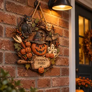 Custom Family Name Halloween Door Sign, Pumpkin Witch Woodland Decor, Black Cat Ghost Wreath Hanging Sign, Personalized Halloween Home Gift
