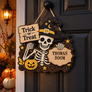 Custom Family Name Halloween Door Sign, Skeleton Trick or Treat Decor, Witch Hat Pumpkin Hanging Sign, Personalized Spooky Home Gift