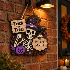 Custom Family Name Halloween Door Sign, Skeleton Trick or Treat Decor, Witch Hat Pumpkin Hanging Sign, Personalized Spooky Home Gift