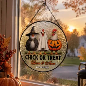Personalized "Chick Or Treat" Chicken Halloween Stained Glass Suncatcher, Custom Family & Couple Names Spooky Window Hanging, Farmhouse Fall Decor Gift