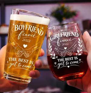 Girlfriend Fiancee Boyfriend Fiance Engagement Couple Gift - Personalized Combo Wine & Beer Glass