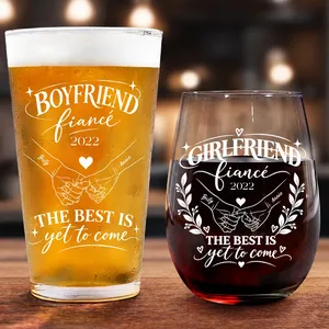 Girlfriend Fiancee Boyfriend Fiance Engagement Couple Gift - Personalized Combo Wine & Beer Glass