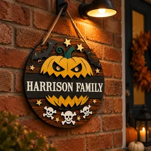 Our Halloween Family Crest Personalized Sign, Custom Family Name Pumpkin Decor, Jack O Lantern Front Door Hanging Decoration
