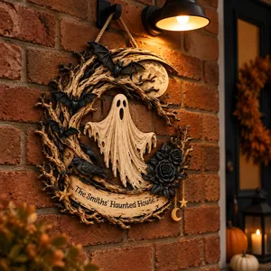 Custom Text Halloween Door Sign, Ghost Moonlight Wreath Decor, Bat Black Rose Hanging Sign, Personalized Spooky Home Decoration