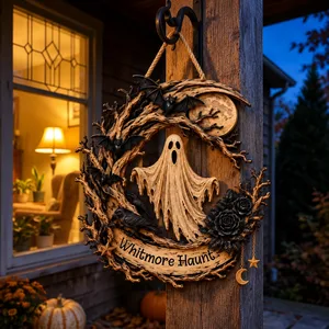 Custom Text Halloween Door Sign, Ghost Moonlight Wreath Decor, Bat Black Rose Hanging Sign, Personalized Spooky Home Decoration