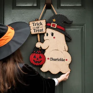 The Little Witch Ghost Lives Here Personalized Halloween Sign, Custom Name Trick or Treat Decor, Purple Pumpkin Door Hanging Decoration