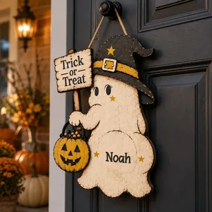 The Little Witch Ghost Lives Here Personalized Halloween Sign, Custom Name Trick or Treat Decor, Purple Pumpkin Door Hanging Decoration