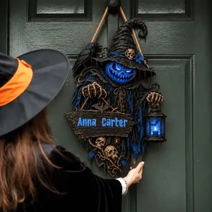 Personalized Halloween Door Sign Custom Name Family Name, Haunted Pumpkin Guardian Decor, Raven Witch Lantern Hanging Sign, Gothic Front Door Halloween Gift