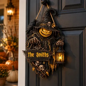 Personalized Halloween Door Sign Custom Name Family Name, Haunted Pumpkin Guardian Decor, Raven Witch Lantern Hanging Sign, Gothic Front Door Halloween Gift