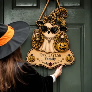 The Glam Ghost Lives Here Personalized Halloween Sign, Custom Family Name Leopard Witch Decor, Pumpkin Ghost Door Hanging Decoration