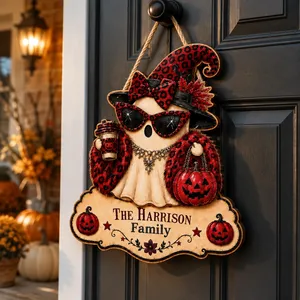 The Glam Ghost Lives Here Personalized Halloween Sign, Custom Family Name Leopard Witch Decor, Pumpkin Ghost Door Hanging Decoration