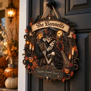 Together Beyond Forever Personalized Halloween Door Sign, Custom Family Name & Est Year, Skeleton Couple Gothic Romance Decor, Haunted Wedding Home Gift