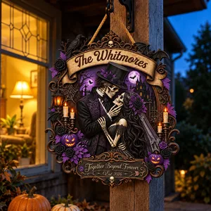Together Beyond Forever Personalized Halloween Door Sign, Custom Family Name & Est Year, Skeleton Couple Gothic Romance Decor, Haunted Wedding Home Gift