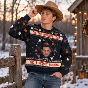 Funny Naughty List Halloween Sweater - Personalized Halloween Ugly Sweatshirt With Face And Name