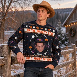 Funny Naughty List Halloween Sweater - Personalized Halloween Ugly Sweatshirt With Face And Name