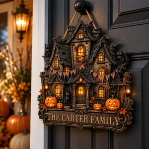 Our Haunted House Personalized Halloween Door Sign, Custom Family Name Gothic Manor Decor, Black Cat Pumpkin Front Door Hanging Sign, Family Halloween Gift