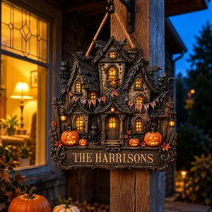 Our Haunted House Personalized Halloween Door Sign, Custom Family Name Gothic Manor Decor, Black Cat Pumpkin Front Door Hanging Sign, Family Halloween Gift