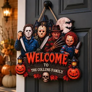 Welcome to Our Nightmare Personalized Halloween Door Sign, Custom Family Name Horror Movie Decor, Slasher Haunted House Front Door Sign, Halloween Gift