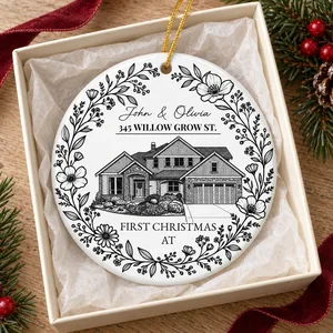 First Christmas At Our New House Custom Photo Sketch Line Art - Personalized Ornament