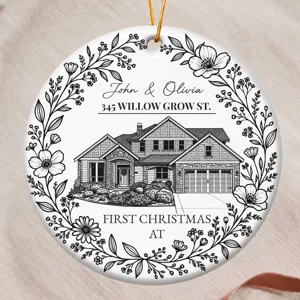 First Christmas At Our New House Custom Photo Sketch Line Art - Personalized Ornament