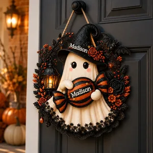 Custom Name Halloween Door Sign, Witch Ghost Candy Decor, Personalized Purple Pumpkin Hanging Sign, Cute Gothic Halloween Gift