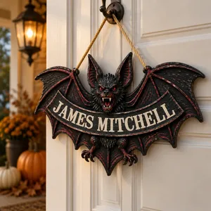 Personalized Halloween Door Sign Custom Name Family Name, Vampire Bat Guardian Decor, Gothic Bat Wing Hanging Sign, Spooky Room Door Halloween Gift