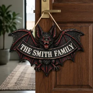 Personalized Halloween Door Sign Custom Name Family Name, Vampire Bat Guardian Decor, Gothic Bat Wing Hanging Sign, Spooky Room Door Halloween Gift