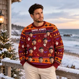 Burgundy Pumpkin Ghost Sweater - Custom Face Pattern Ugly Sweater
