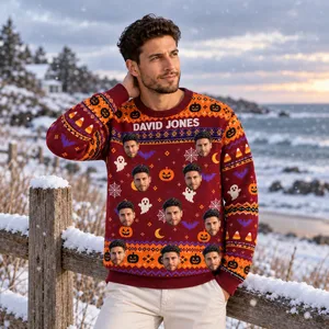 Burgundy Pumpkin Ghost Sweater - Custom Face Pattern Ugly Sweater