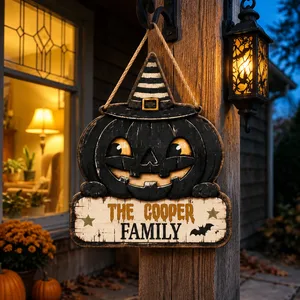 Custom Family Name Halloween Door Sign, Jack O Lantern Pumpkin Decor, Witch Hat Hanging Sign, Personalized Halloween Home Decoration Gift