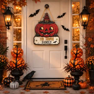 Custom Family Name Halloween Door Sign, Jack O Lantern Pumpkin Decor, Witch Hat Hanging Sign, Personalized Halloween Home Decoration Gift