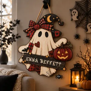 The Little Ghost’s Halloween Home Personalized Sign, Custom Family Name Patchwork Ghost Decor, Pumpkin Witch Door Hanging Decoration