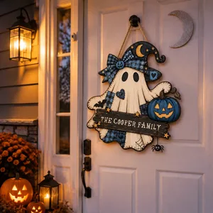 The Little Ghost’s Halloween Home Personalized Sign, Custom Family Name Patchwork Ghost Decor, Pumpkin Witch Door Hanging Decoration