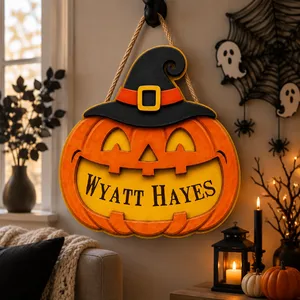 Our Pumpkin Family Halloween Sign, Personalized Custom Name Jack O Lantern Door Decor, Classic Witch Hat Front Door Decoration