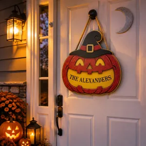Our Pumpkin Family Halloween Sign, Personalized Custom Name Jack O Lantern Door Decor, Classic Witch Hat Front Door Decoration