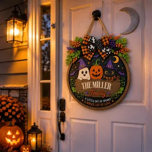 Personalized Halloween Door Sign Custom Family Name, Ghost Pumpkin Black Cat Decor, A Little Bit Spooky Hanging Sign, Cute Front Door Halloween Gift