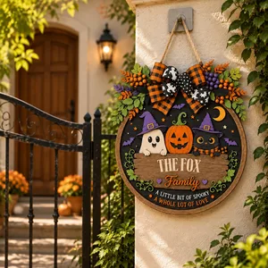 Personalized Halloween Door Sign Custom Family Name, Ghost Pumpkin Black Cat Decor, A Little Bit Spooky Hanging Sign, Cute Front Door Halloween Gift