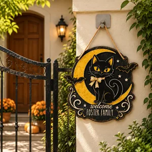 Personalized Halloween Door Sign Custom Family Name, Black Cat Moon Decor, Witchy Bat Hanging Sign, Spooky Front Door Halloween Gift